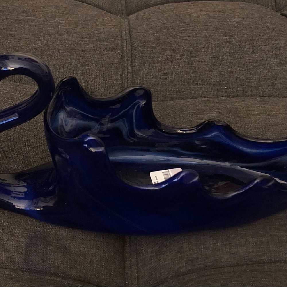 Vintage Cobalt Blue Swan Centerpiece Planter Napkin Utensil Holder Handblown MCM
